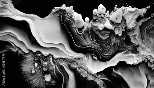 Beautiful Black and White Liquid Swirls with White Particles. Modern Marbling Background. Generative AI. photo