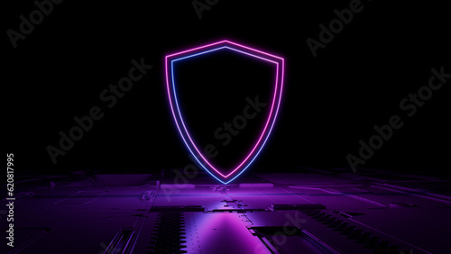 Pink and Blue neon light shield icon. Vibrant colored Security technology symbol, on a black background with high tech floor. 3D Render