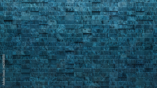Rectangular, Glazed Mosaic Tiles arranged in the shape of a wall. Textured, Blue Patina, Blocks stacked to create a 3D block background. 3D Render photo