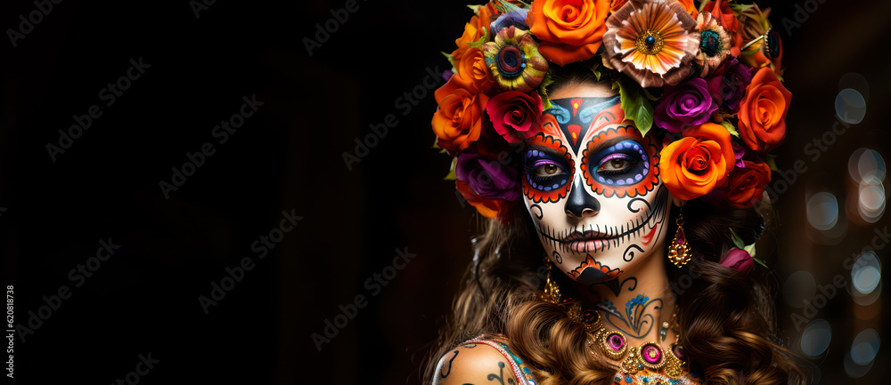 Cultural Tradition: Woman with Makeup and Face Tattoos for Day of the Dead concept banner with copy space for text or design