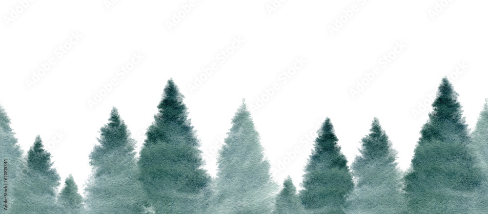 Watercolor abstract spruce tree seamless border. Forest template, Winter foggy woodland landscape background. Hand drawn illustration. Christmas card design. Evergreen tree graphic isolated