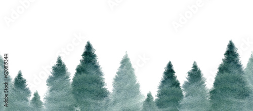 Watercolor abstract spruce tree seamless border. Forest template, Winter foggy woodland landscape background. Hand drawn illustration. Christmas card design. Evergreen tree graphic isolated
