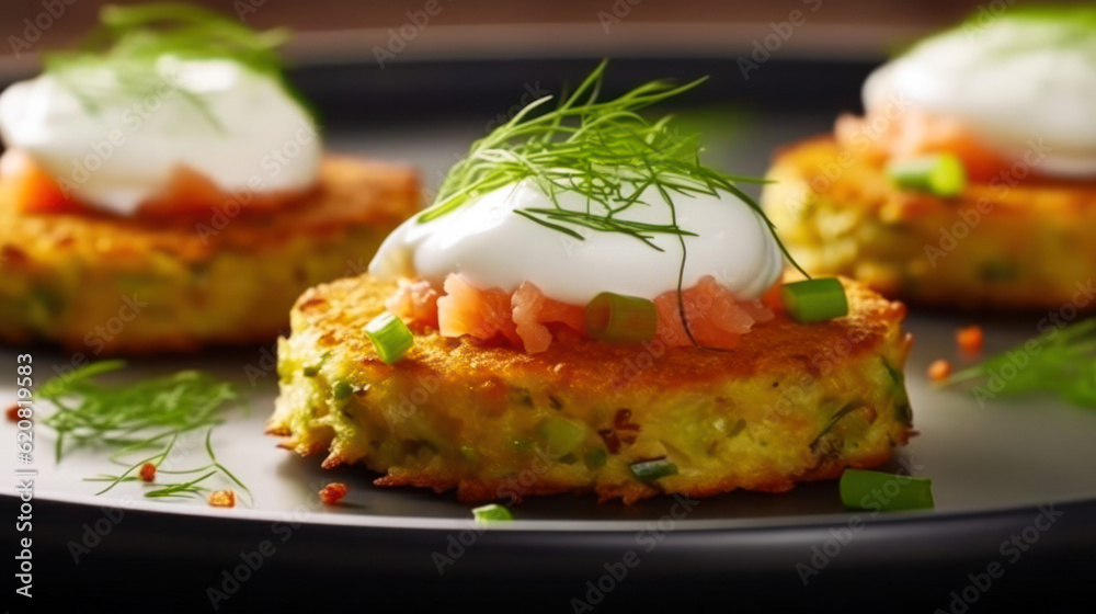 zucchini pancakes with a slice of red fish, herbs and yogurt. healthy food recipe. Generative AI zucchini pancakes with a slice of red fish, herbs and yogurt. healthy food recipe. Generative AI