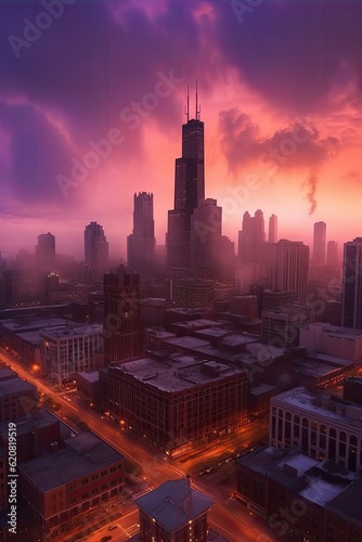 Downtown city at dusk. Inspired by Illinois, USA. Travel, Poster.