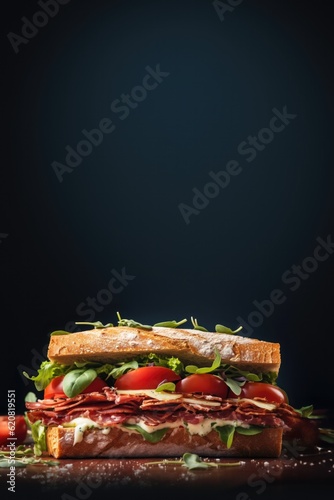 Delicious sandwich on dark background. Empty space for text, vertical banner 