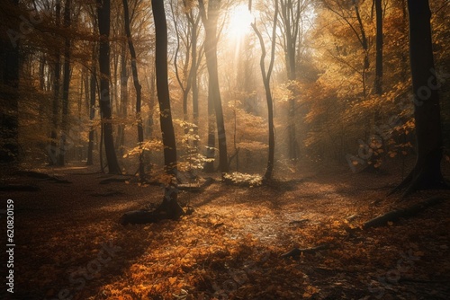 A depiction of a forest in autumn with a golden hue and sun rays filtering through the trees. Generative AI