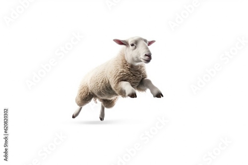 A Sheep  Happy sheep jumping isolated on white background. Generative AI