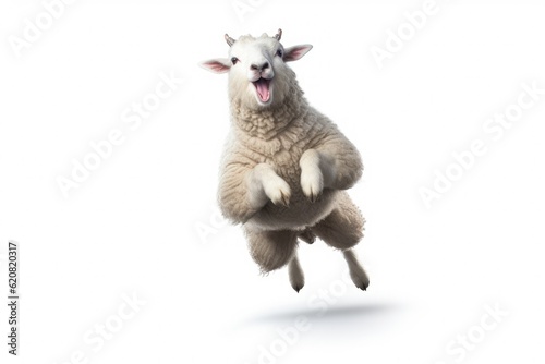 A Sheep, Happy sheep jumping isolated on white background. Generative AI
