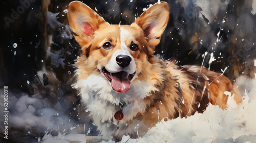 Cute corgi dog in watercolor style, dog laughs