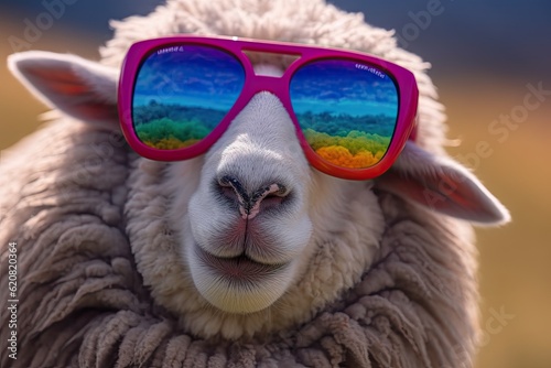 A sheep, Rainbow color of funny sheep wearing sunglasses. Generative AI © tong2530