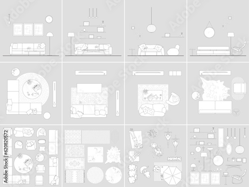 Architectural Drawings vector interior, living room illustration, sofa, couch, lamp, coffee table, mirror, tv, rug, pillow. hand drawn. Sections, Elevations, Floor Plans. cad line
