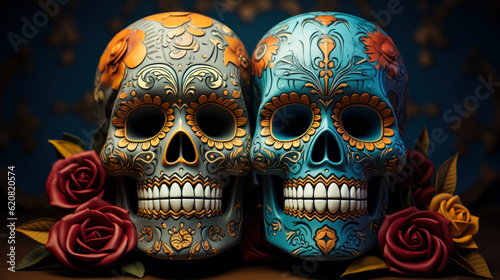 Festive Mexican Day of the Dead: Two Colorful Skulls Celebrating Tradition