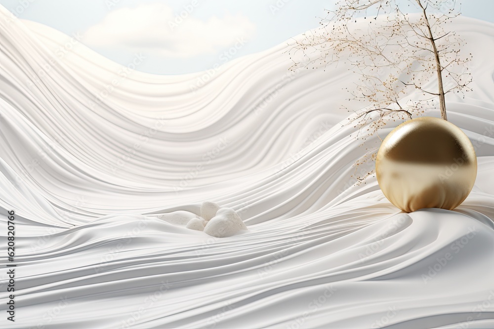 golden ball in a field covered with white desert waves.