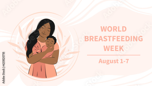 World Breastfeeding Week. Woman and baby. Banner about breastfeeding and motherhood. Vector illustration.