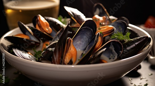 Moules Marinières in a white bowl, with the steamy aroma and white wine sauce visible