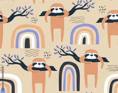 Hand drawn seamless vector pattern with cute sloths and tropical palm leaves. Perfect for textile, wallpaper or print design. photo