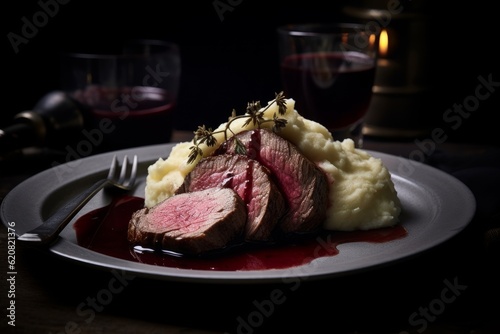 Chateaubriand plated on a bed of mashed potatoes and topped with a red wine reduction sauce