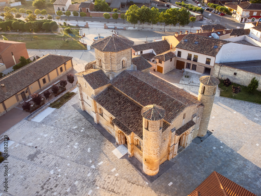 Mesmerizing Sunrise Over the Church of San Martin - A Captivating Aerial Perspective in Fromista, Spain