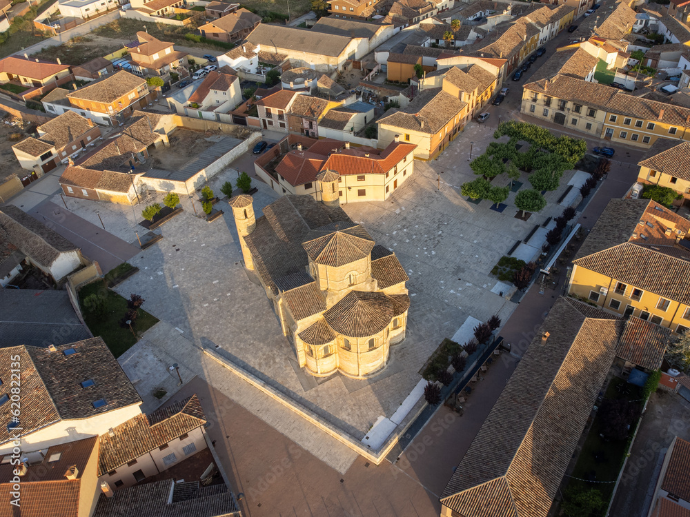 Mesmerizing Sunrise Over the Church of San Martin - A Captivating Aerial Perspective in Fromista, Spain