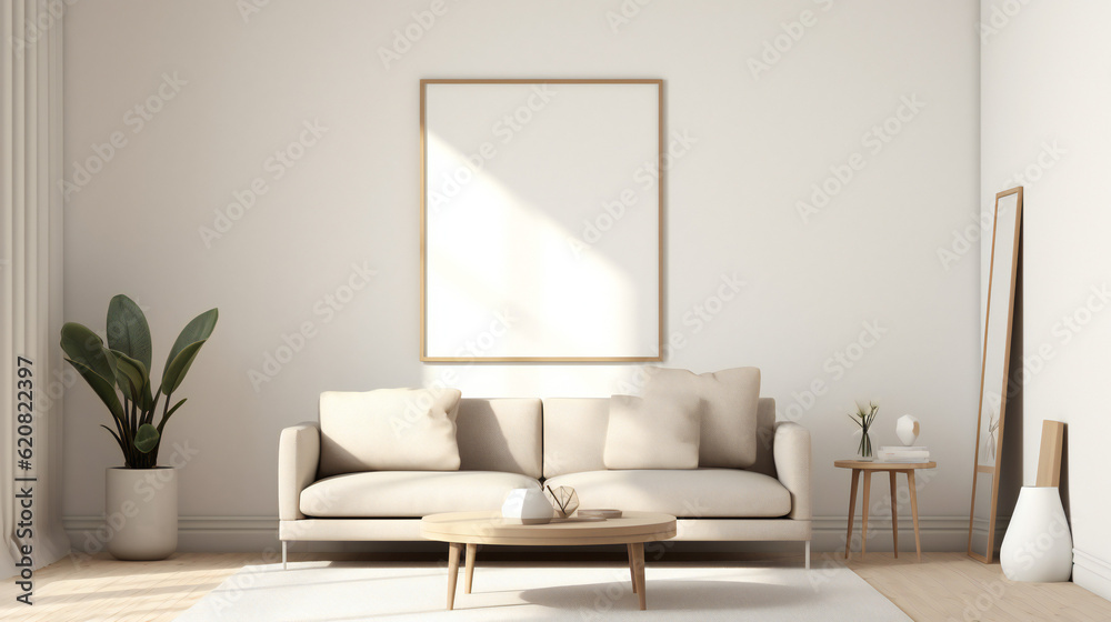 Stylish Living Room Interior with Mockup Frame Poster, Modern interior design, 3D render, 3D illustration