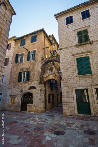 Street of old city Kotor in Montenegro, medieval architecture, travel