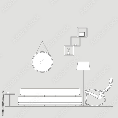 Architectural Drawings, elevation vector interior, living room illustration, side view, sofa, rug, tv, Minimal style hand drawn. Sections, Elevations, Floor Plans.