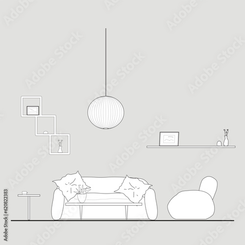 Architectural Drawings, elevation vector interior, living room illustration, side view, sofa, rug, tv, Minimal style hand drawn. Sections, Elevations, Floor Plans.