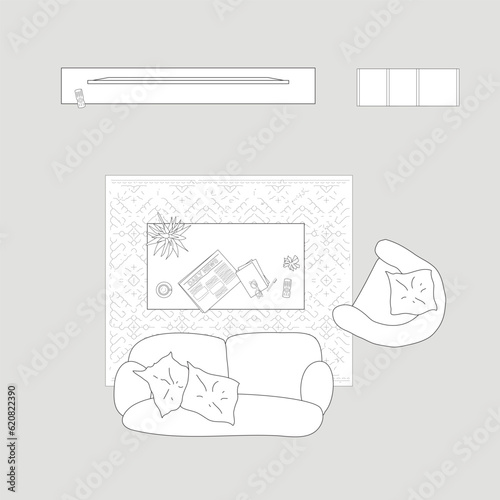 Architectural Drawings, plan vector interior, living room illustration, top view, sofa, rug, tv, Minimal style hand drawn. Sections, Elevations, Floor Plans.