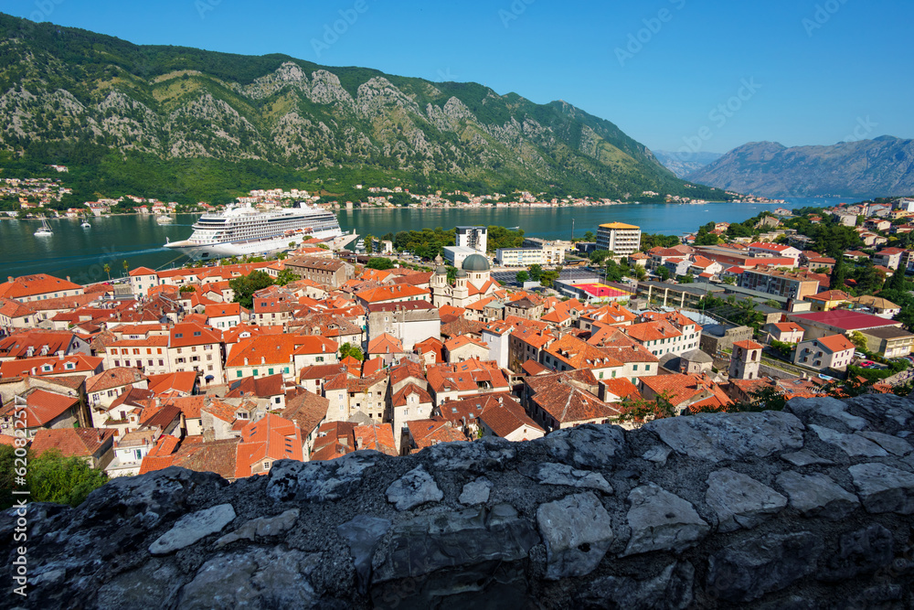 view of the old town of Kotor in Montenegro and bay, fortress walls, medieval architecture, travel