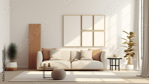 Stylish Living Room Interior with Mockup Frame Poster  Modern interior design  3D render  3D illustration