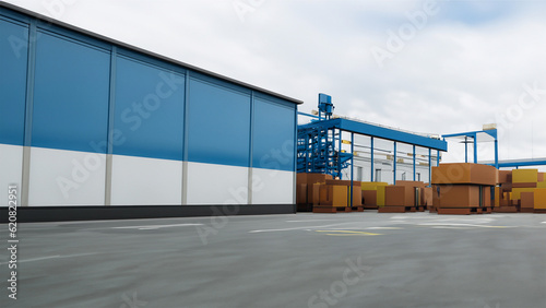 Labor Day: Logistic shipping warehouse, pile of cardboard, container cargo freight ship