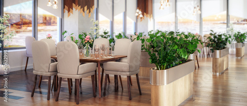 Fototapeta Naklejka Na Ścianę i Meble -  Modernes Restaurant in natürlicher Innenarchitektur - panoramische 3D-Visualisierung