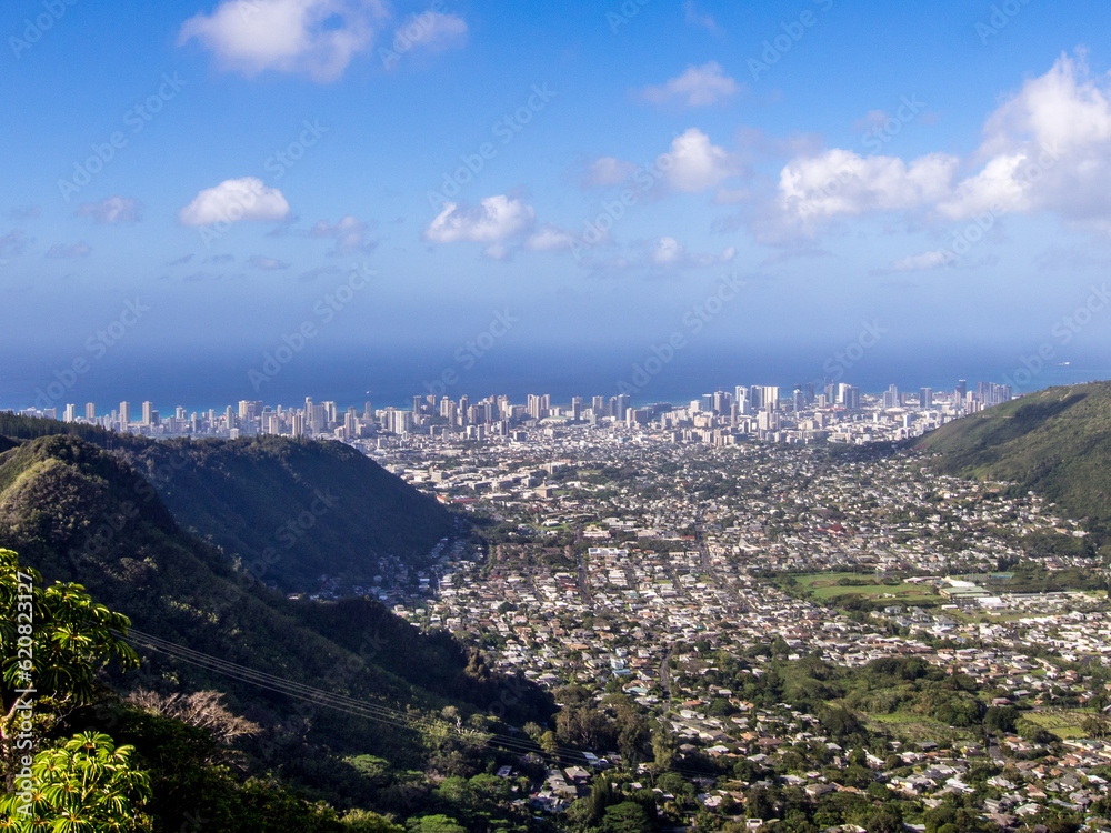 View of Honolulu from the ascent of Mount Olympus on the Hawaiian island of Oahu