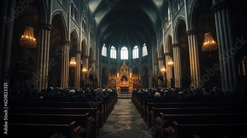 A Crowd of Young People View From the Back Sitting on the Bench Inside A Cathedrale Church Dark Background AI Generative