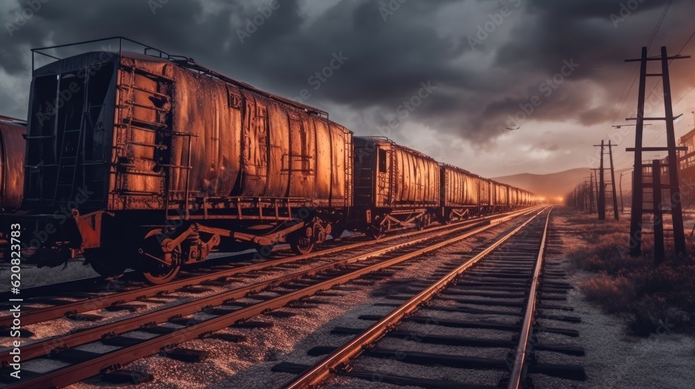 Fototapeta premium unclaimed rusty freight wagons derailed or on abandoned branches. wartime, crisis, misfortune, disaster. environment and insurance concept.Generative AI 