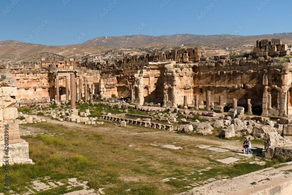 Ruins of the ancient Baalbek city built in the 1st to 3rd centuries. Today UNESCO monuments. View of The Great Court of ancient Heliopolis's temple complex. Lebanon.
