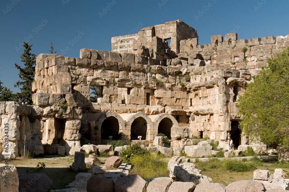 Ruins of the ancient Baalbek city built in the 1st to 3rd centuries. Today UNESCO monuments. View of ancient Heliopolis's temple complex. Lebanon.