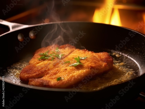 golden-brown Escalope de Dinde being cooked in a skillet