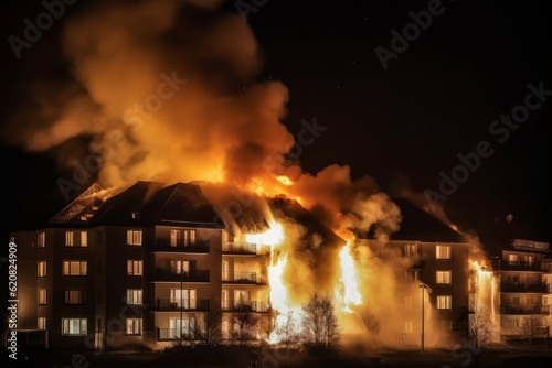 Burning apartment house night. Generate Ai