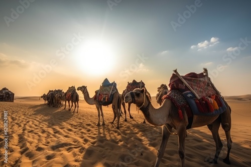 Caravan camels sunrise. Generate Ai