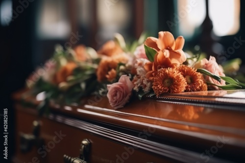 Coffin flowers funeral. Generate Ai