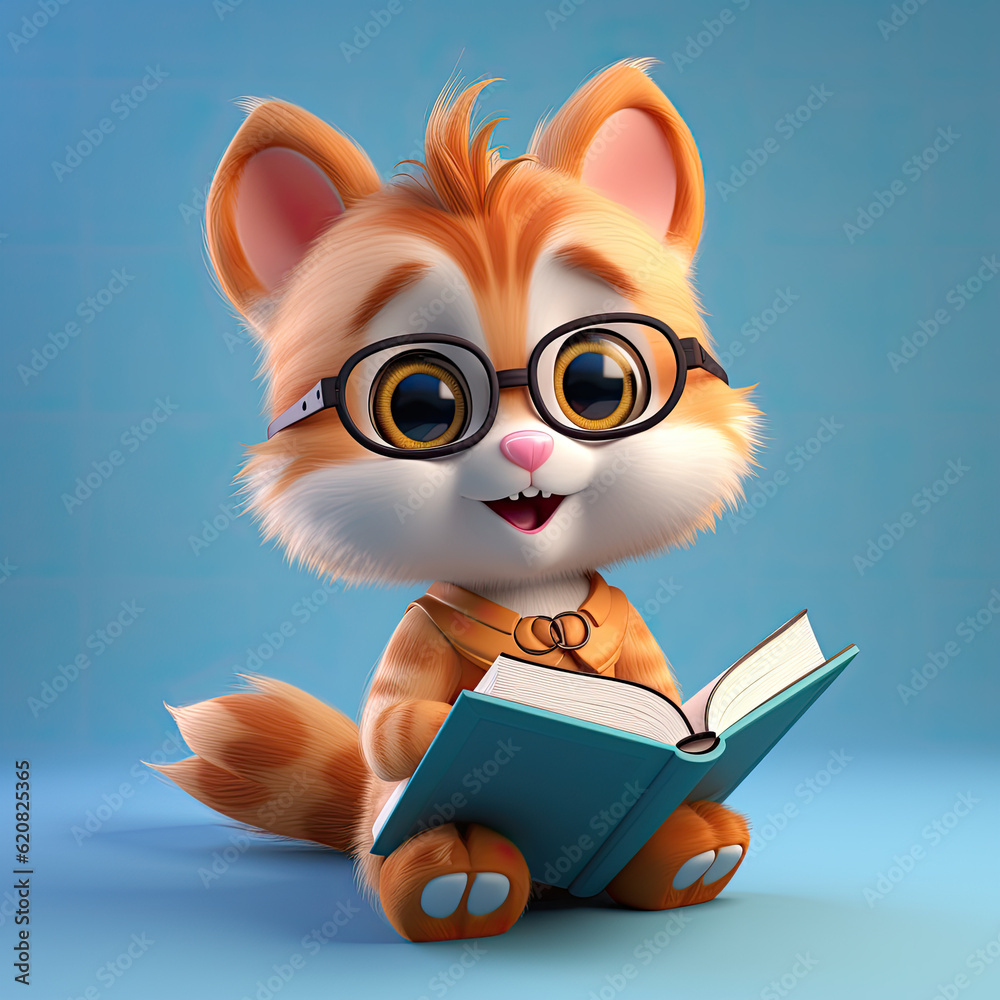 Kitten, 3D cartoon character, Pixar-style, holding a book, wearing glasses, friendly, solid background