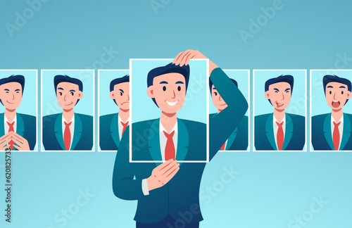 Vector of a masked young business man expressing different emotions