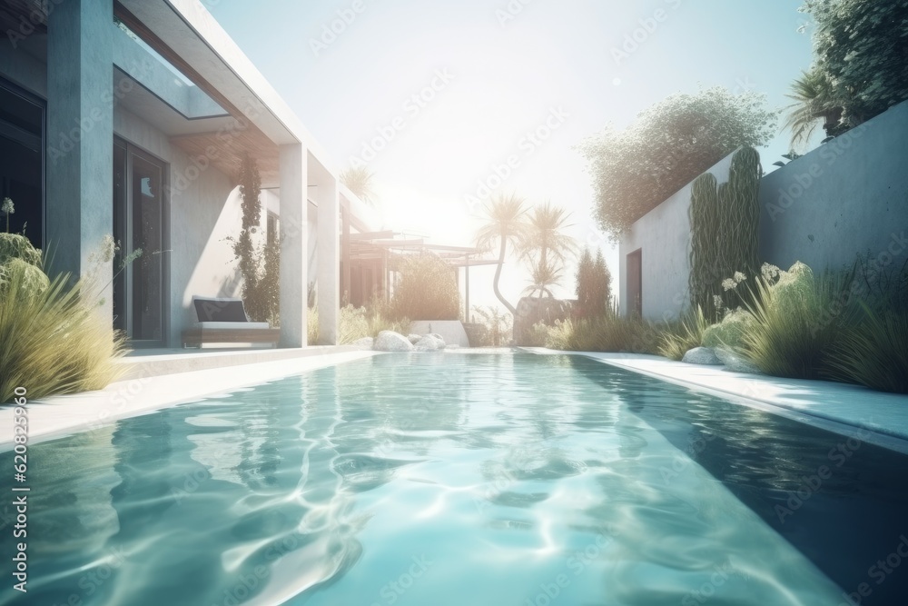 Futuristic pool villa beach. Generate Ai