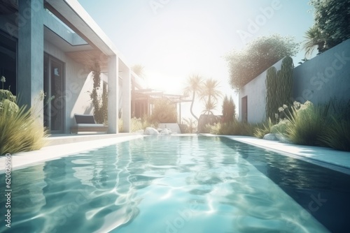 Futuristic pool villa beach. Generate Ai © nsit0108