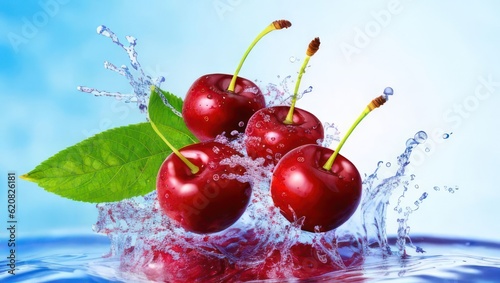 Cherries in water splash on blue background. Generative AI