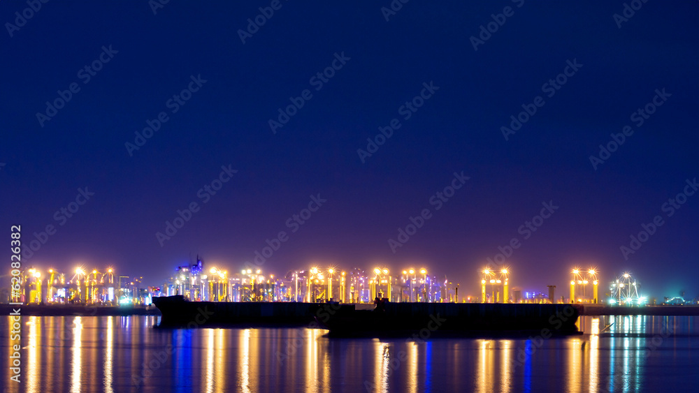 Labor Day: Container port, floodlight, night view of the harbor
