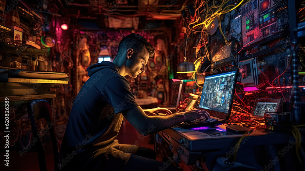 Man sitting with laptop in the secret laboratory. Hacker sending the virus. Generated AI.