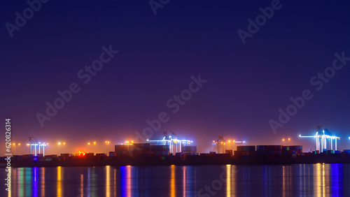 Labor Day: Container port, floodlight, night view of the harbor
