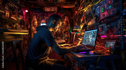 Man sitting with laptop in the secret laboratory. Hacker sending the virus. Generated AI.
